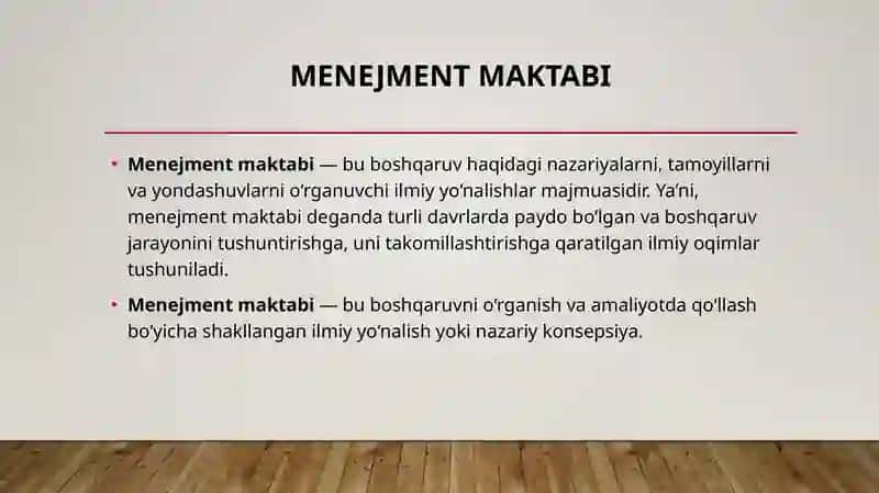 Menejment maktabi. Sog’liqni saqlash sohasida menejmentning o’rni. Boshqaruv jarayonlarining asosiy funksiyalari. Sog’liqni saqlash tizimi boshqaruvining asoslari. 2