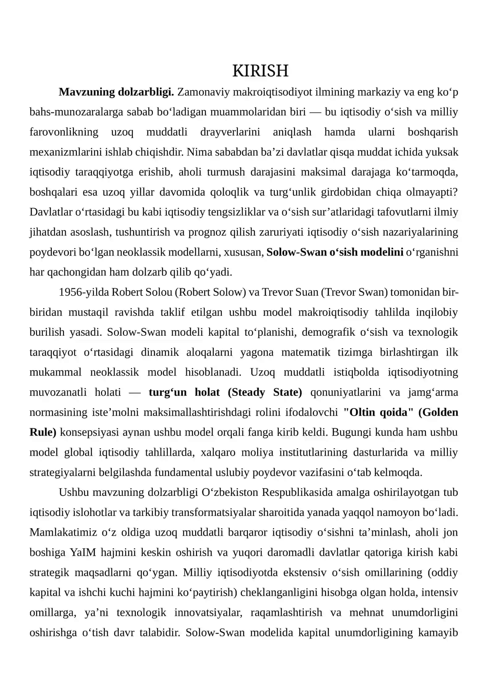 Solow-Swan modelida iqtisodiy oʻsishning uzoq muddatli dinamikasi 2