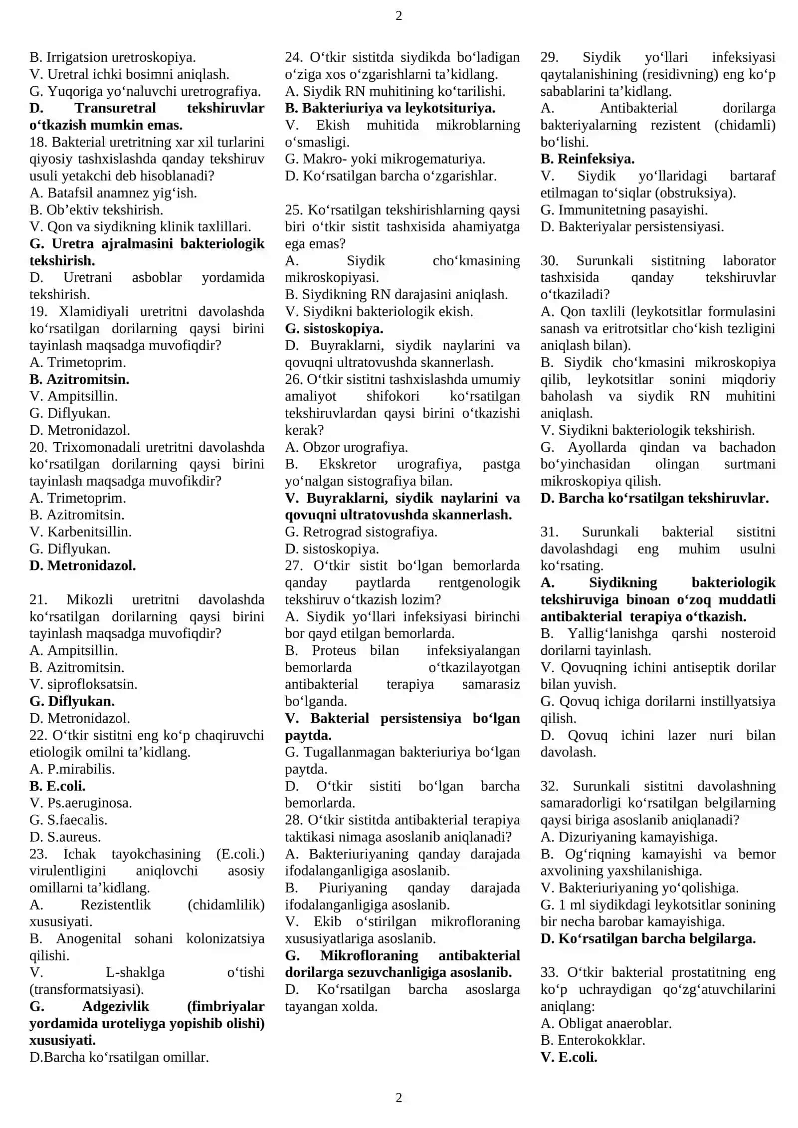 UROLOGIYA FANIDAN MAGISTRATURAGA KIRUVChILAR UChUN TEST SAVOLLARI 2026 2