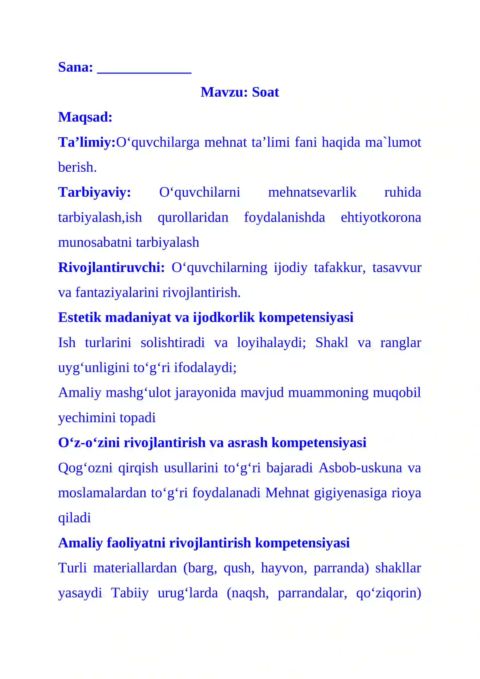 2-sinf texnologiya Soat mavzusida dars ishlanma 2