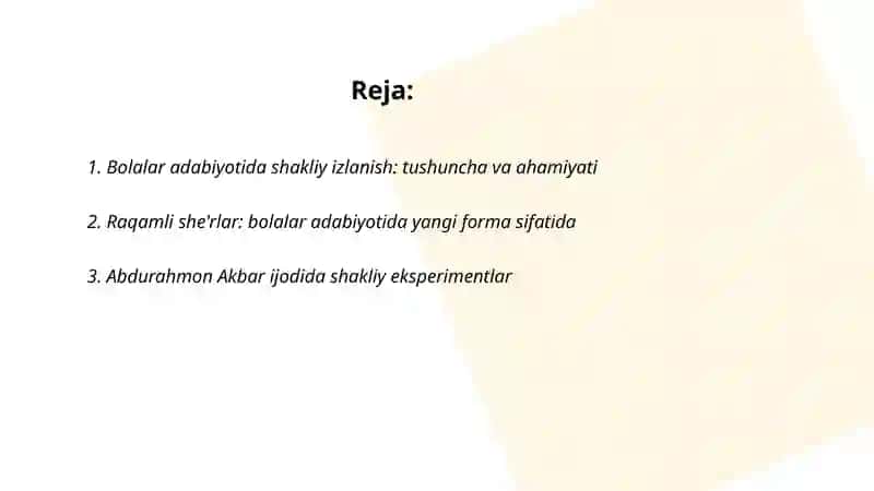 Bolalar adabiyotida shakliy izlanish va raqamli she'rlarning oʻrni va ahamiyati. Abdurahmon Akbar va Dilshod Rajab 2