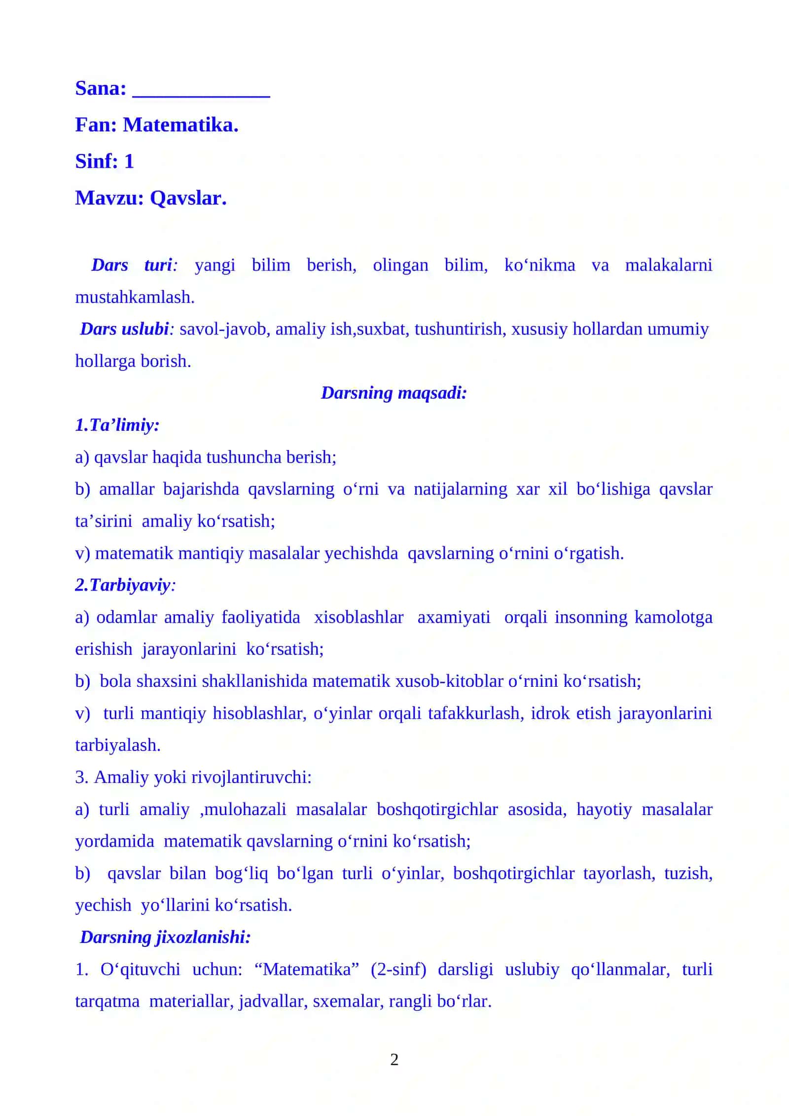1-sinf matematika Qavslar mavzusida dars ishlanmasi 2