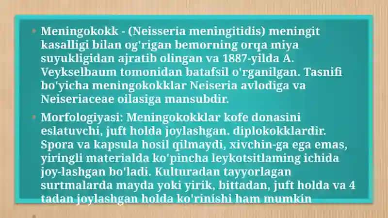 Yiringli yalig'lanish kasaliklarini keltirib chiqaruvchi mikroorganizmlar: meningokokklar, pnevmokokklar keltirib chigaradigan kasalliklarning laboratoriya tashxisi. 2