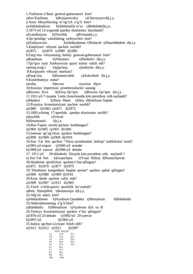 9-SINF. O’ZBEKISTON TARIXIDAN TESTLAR 2