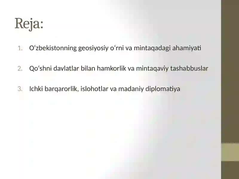 O‘zbekistonning Markaziy Osiyoda tinchlik va barqarorlikni ta’minlashdagi o‘rni. 2
