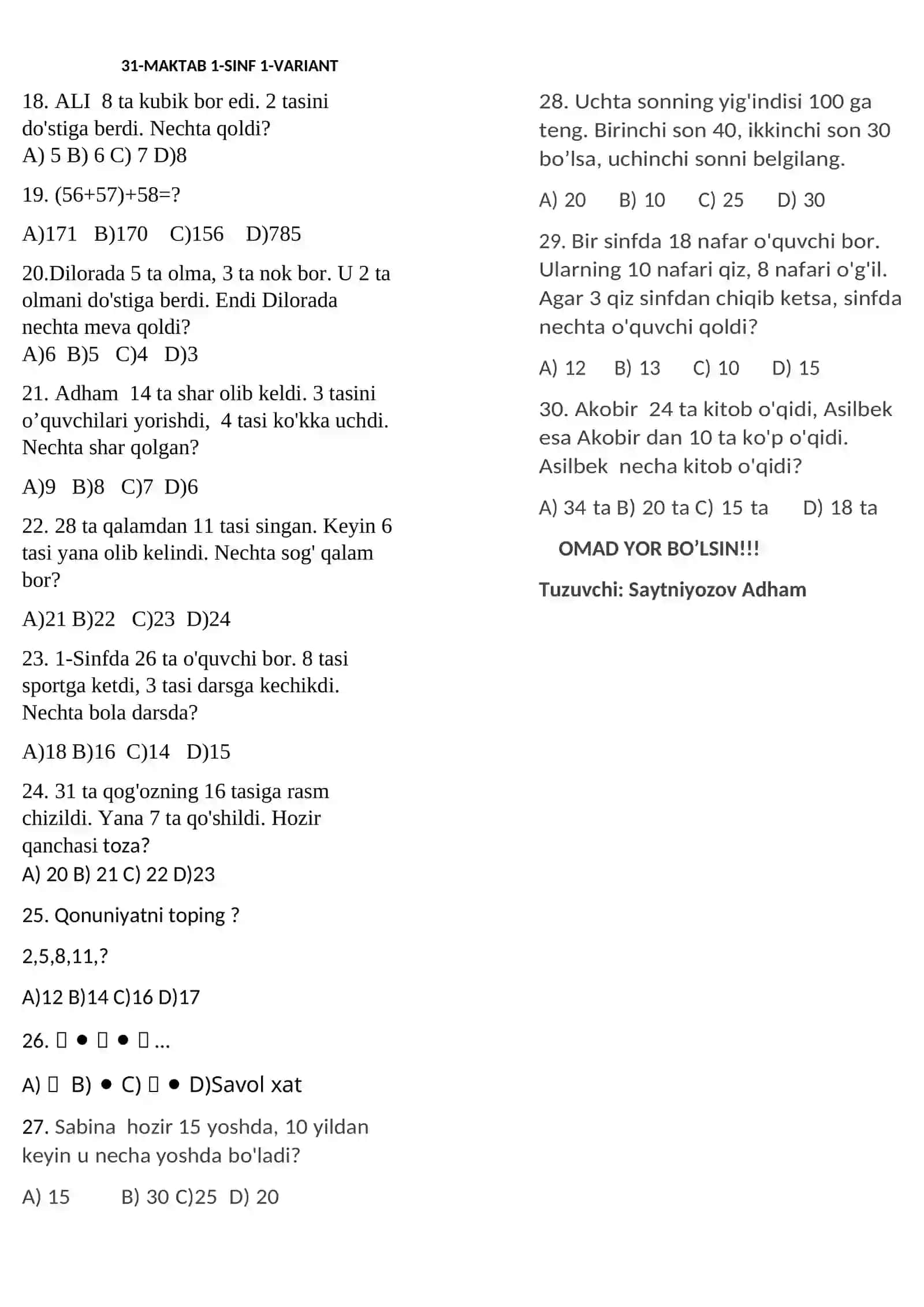 1-sinf Matematika test 2