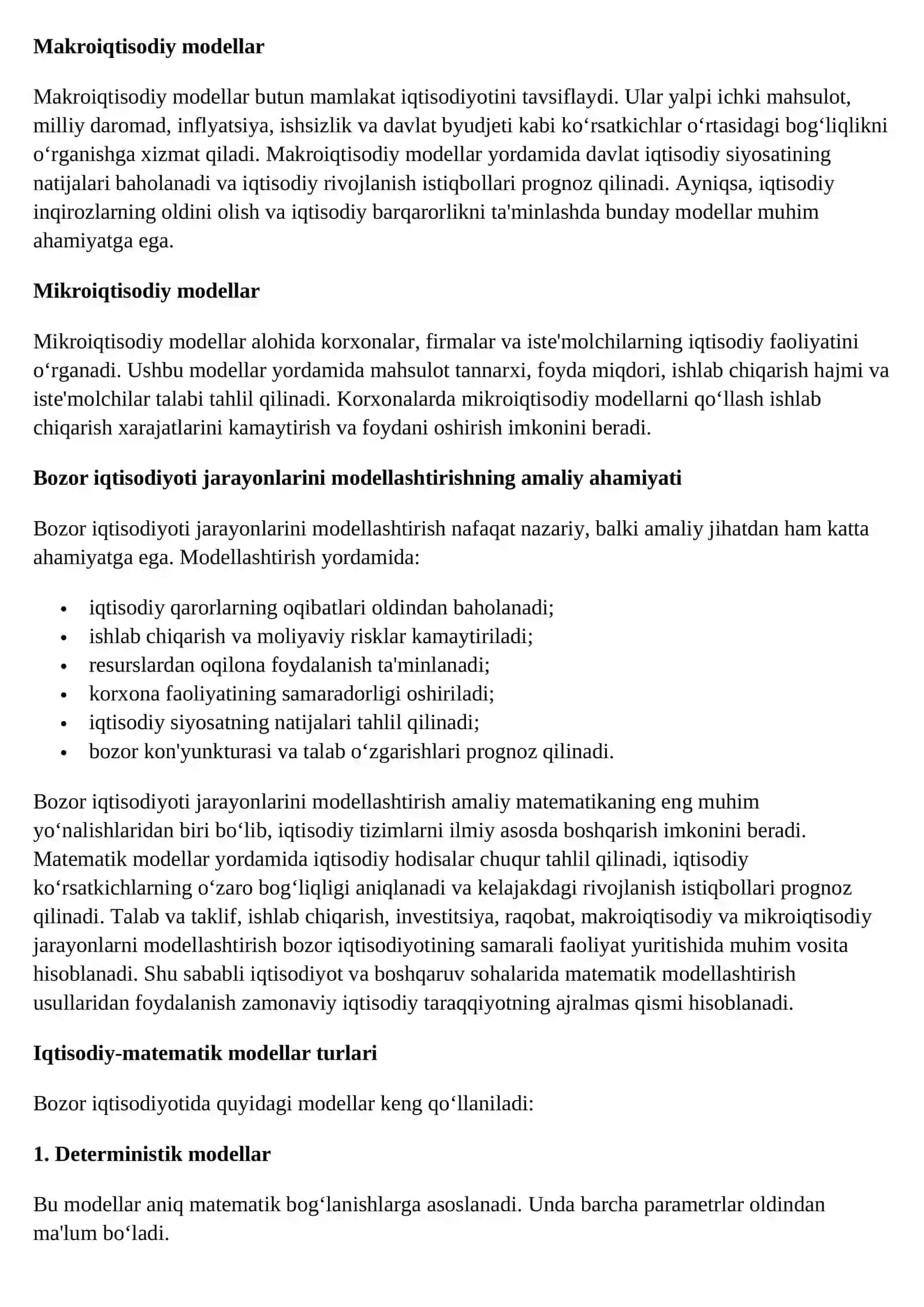 Bozor iqtisodiyoti jarayonlarini modellashtirish 2