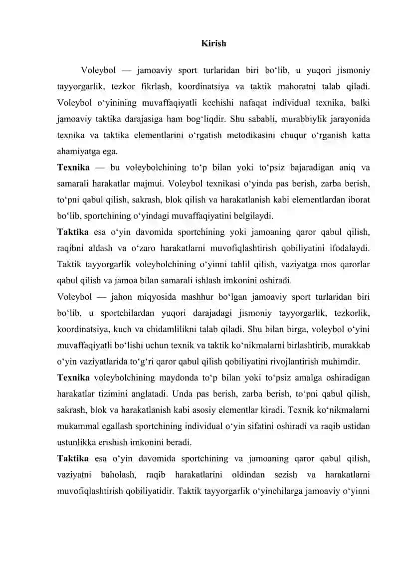 Voleybol o'yini texnika va taktikalarini o'rgatish metodikasi 2