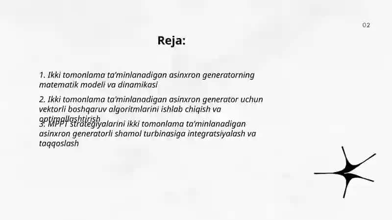 Ikki tomonlama taʼminlanadigan asinxron generatorli shamol turbinasi tadqiqotti 2