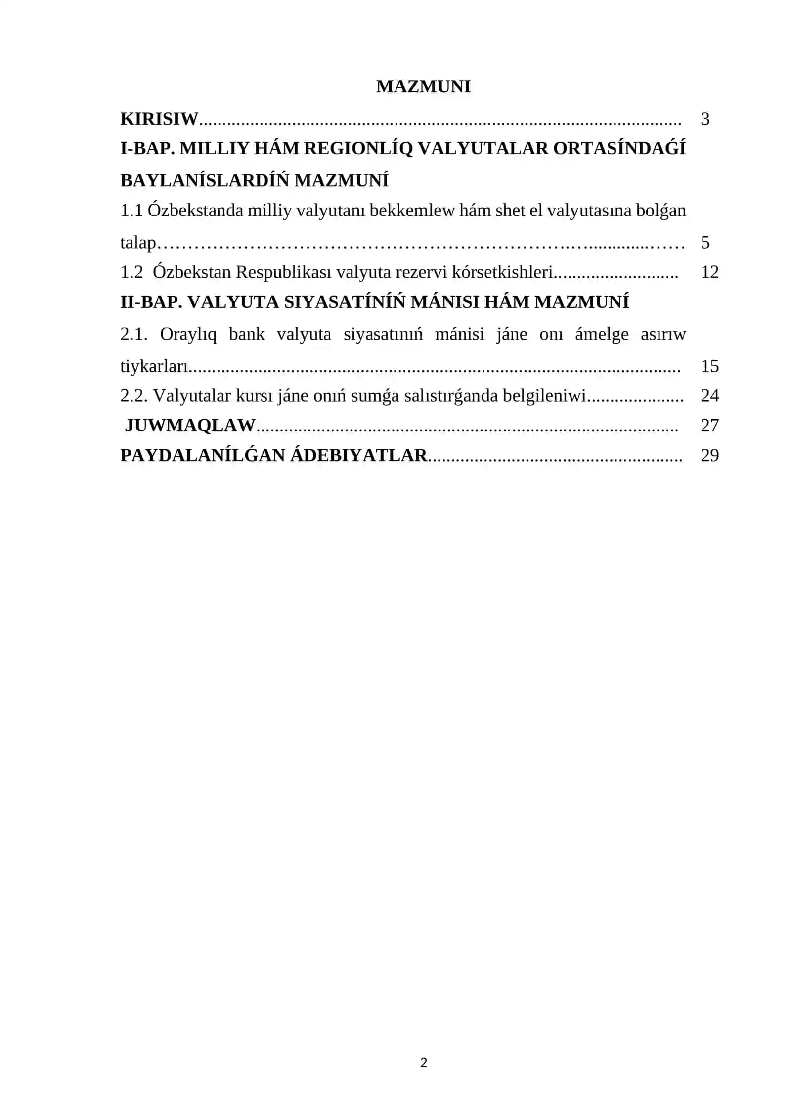 JÁHAN EKONOMIKASÍ HÁM XALQARALÍQ EKONOMIKALÍQ BAYLANÍSLAR PÁNINEN JAZǴAN KURS JUMÍSÍ 2