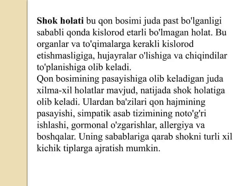 Stomatolog amaliyotida shoshilinch holatlarda tezkor yordam (shok,hushni yuqotish,kollaps,koma) 2