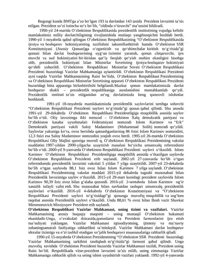 O‘zbekistonda demokratik,fuqarolik jamiyati asoslarining shakllanishi, amalga oshirilgan siyosiy islohotlar 2