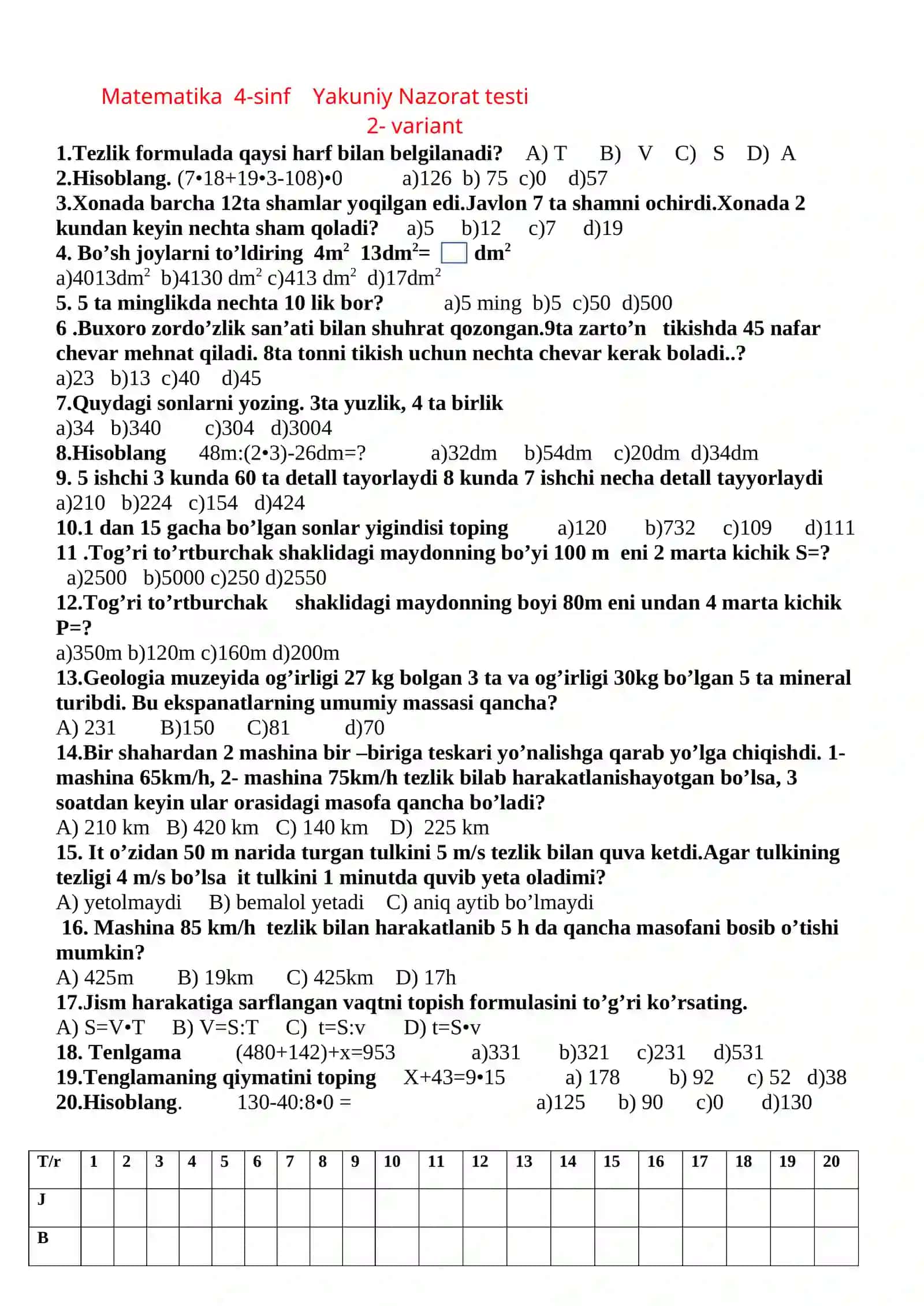 Matematika 4-sinf Yakuniy Nazorat testi 2