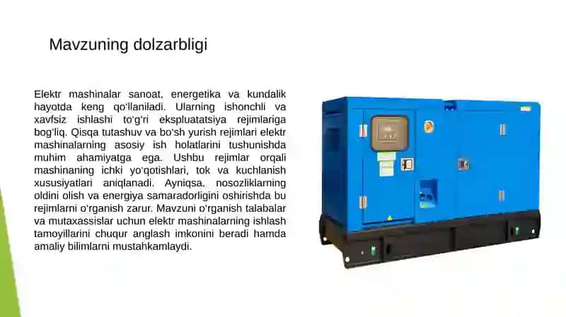 Elektr mashinalarning qisqa tutashuv va bo‘sh yurish rejimlari 2