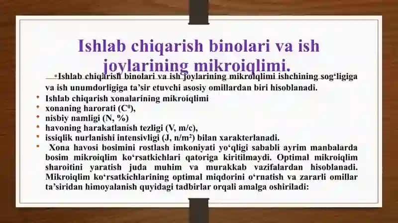 Ishlab chiqarish sanitariyasi. Ishlab chiqarish sanitariyasi va mehnat gigiyenasi. Sanitariya talablari va mehnat sharoiti. 2