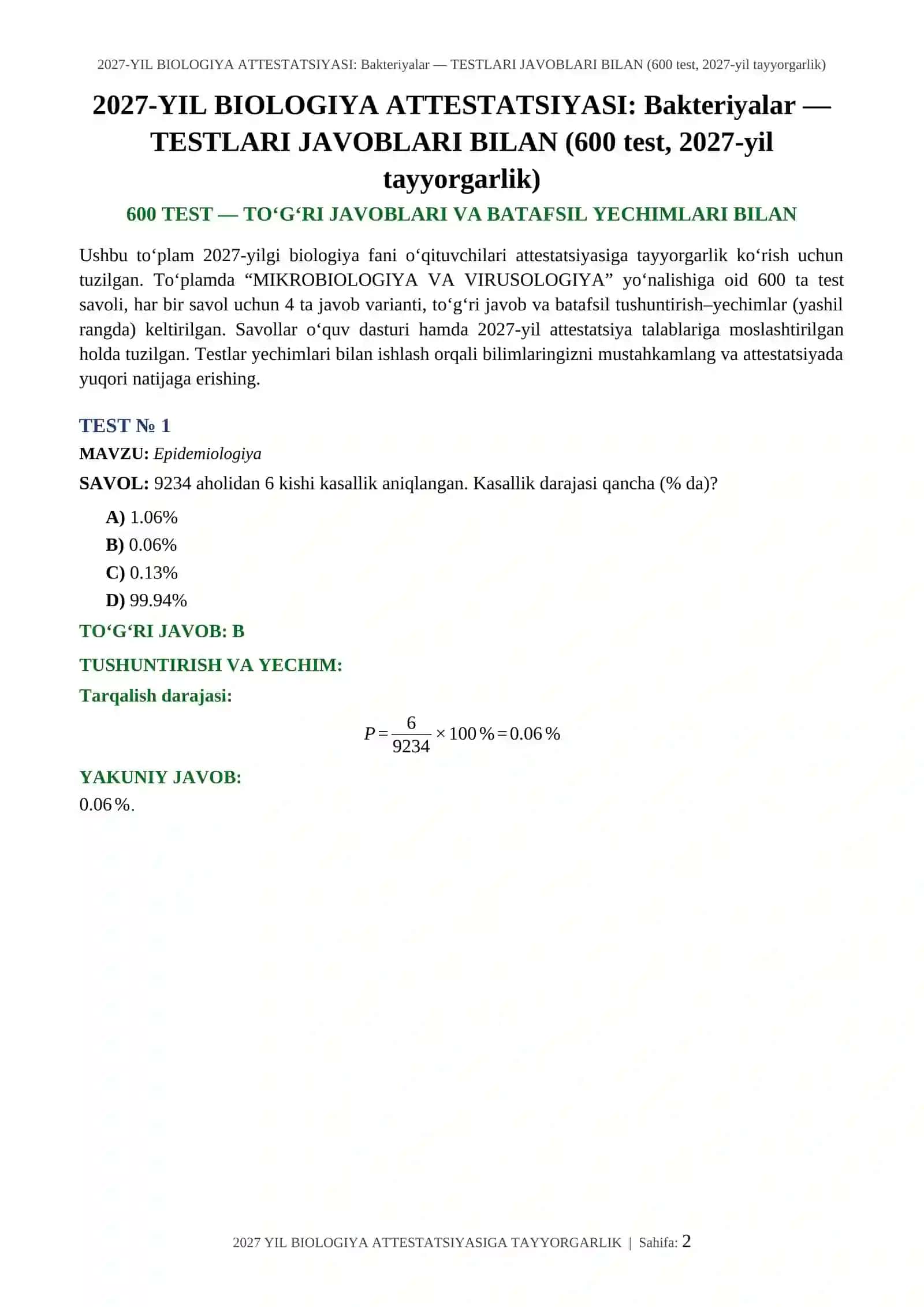 2027-YIL BIOLOGIYA ATTESTATSIYASI: Bakteriyalar — TESTLARI JAVOBLARI BILAN (600 test, 2027-yil tayyorgarlik) 2