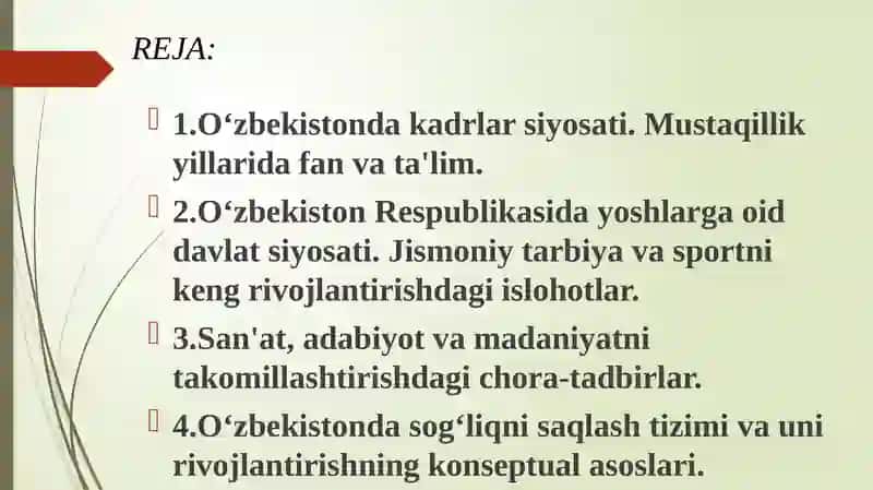 Mustaqillik yillarida O‘zbekistonda ta'lim, sport, san'at, adabiyot va sog‘liqni saqlash mizmirlari va jihozlarini rivojlantirish 2