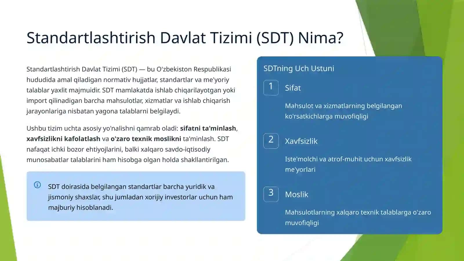 O'zbekiston Respublikasida Standartlashtirish Xizmati va Davlat Tizimi (SDT) 2
