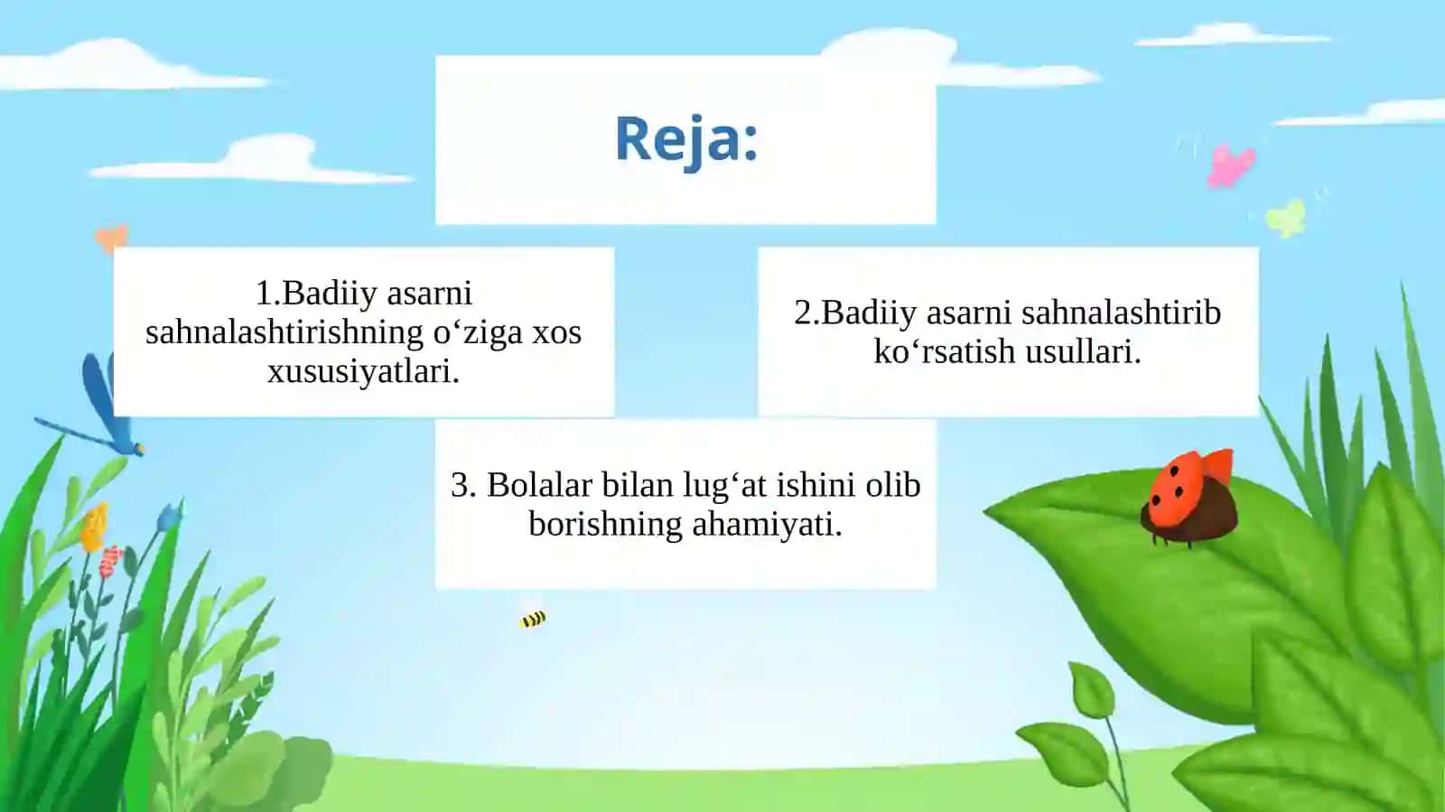 Badiiy asarni sahnalashtirish turlari va uni qoʻyib koʻrsatish metodlari. Bolalarni savod oʻrganishga tayyorlash. Maktabgacha taʼlim tashkilotlarida multimedialarni joriyetish. Maktabgacha yoshdagi bolalar bilan lugʻat ishini olib borish usullari 2