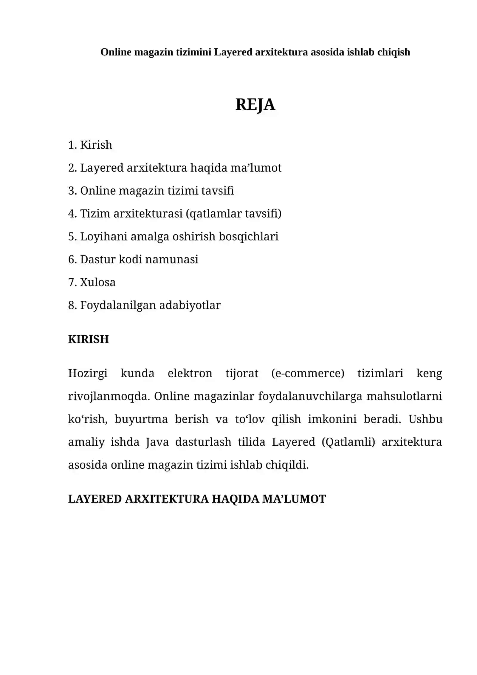 Online magazin tizimini Layered arxitektura asosida ishlab chiqish 2
