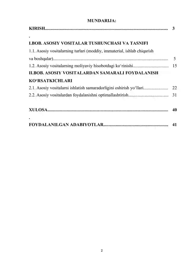 ASOSIY VOSITALAR HOLATI VA ULARDAN SAMARALI FOYDALANISH TAHLILI. 2