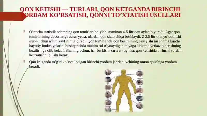 QON KETISHI — TURLARI, QON KETGANDA BIRINCHI YORDAM KO’RSATISH, QONNI TO’XTATISH USULLARI 2