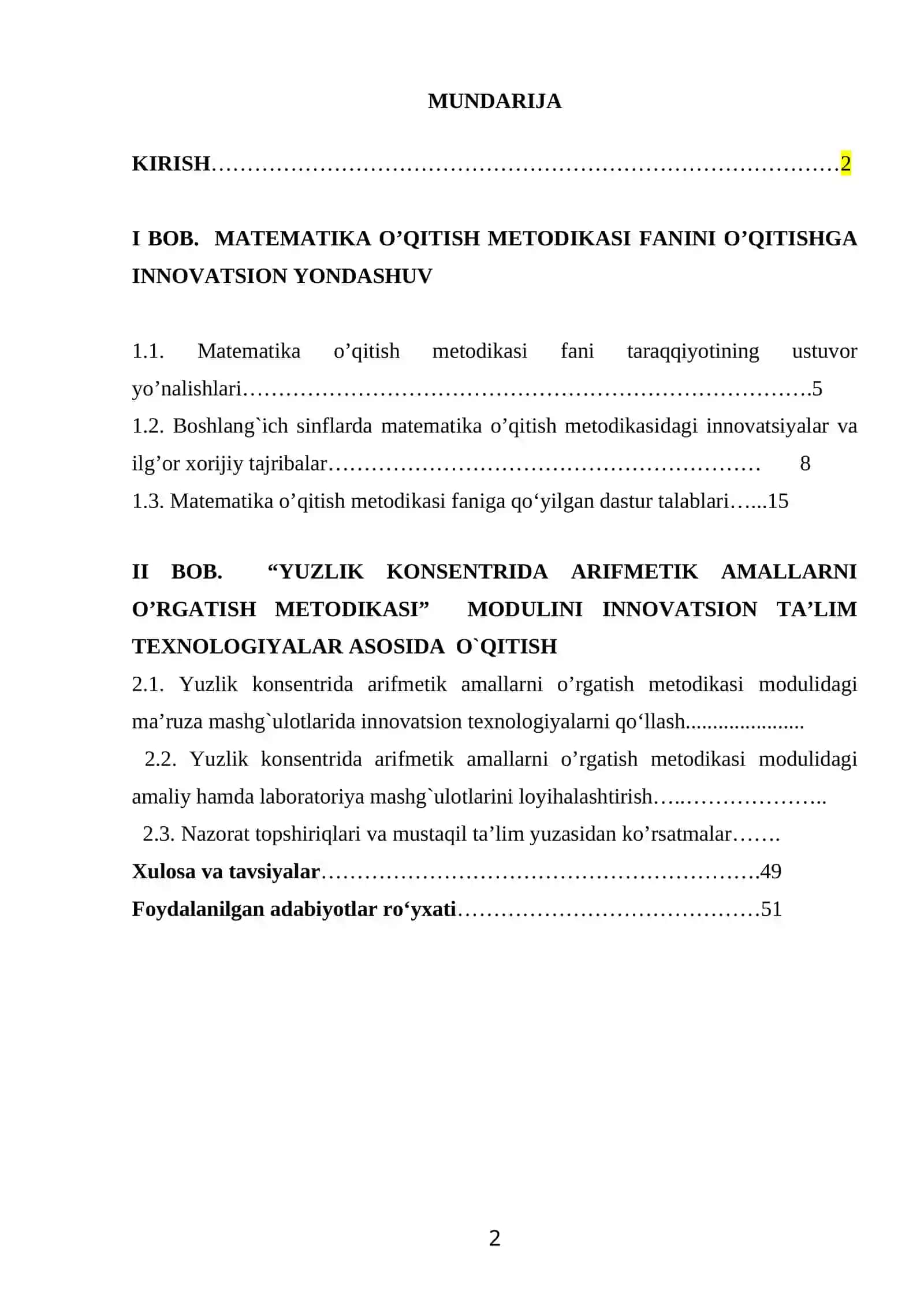 “Yuzlik konsentrida arifmetik amallarni o’rgatish metodikasi” modulini innovatsion ta’lim texnologiyalar asosida o’qitish 2