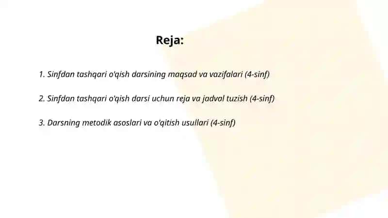Sinfdan tashqari o'qish darsi namunasini ishlab chiqish (4-sinf) 2
