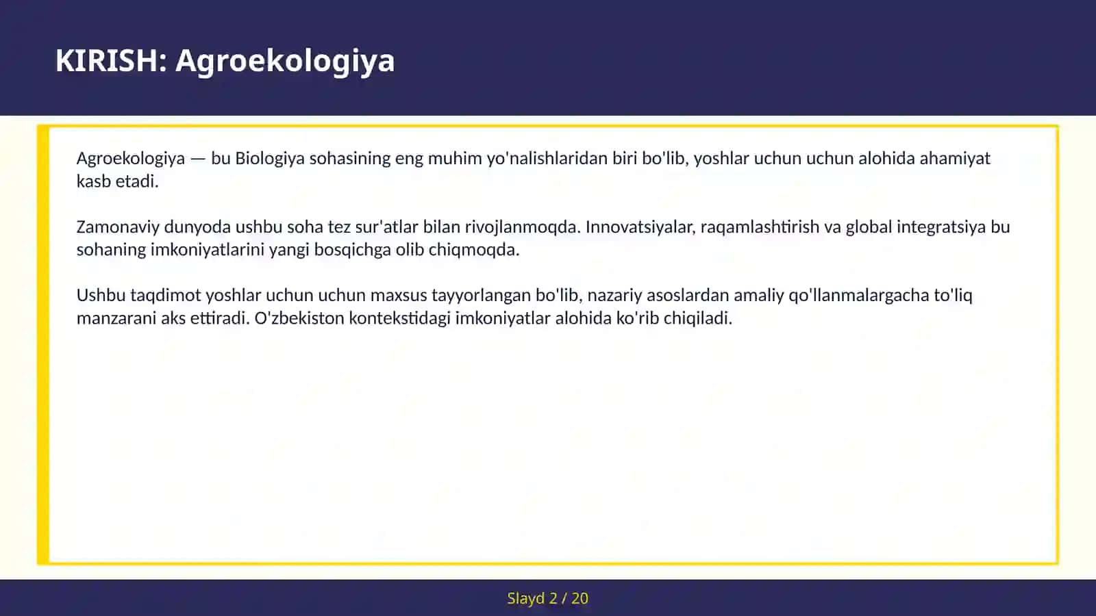 AGROEKOLOGIYA - tuқроқ экология - ёшлар учун 2
