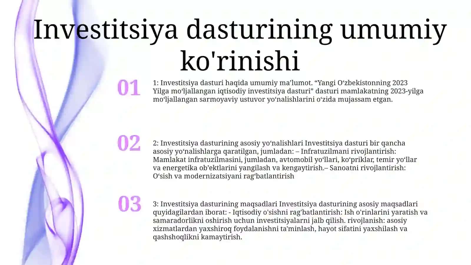 Yangi O‘zbekistonning 2023 Yilga Mo‘ljallangan Investitsiya Dasturi,Yo‘nalishlari 2