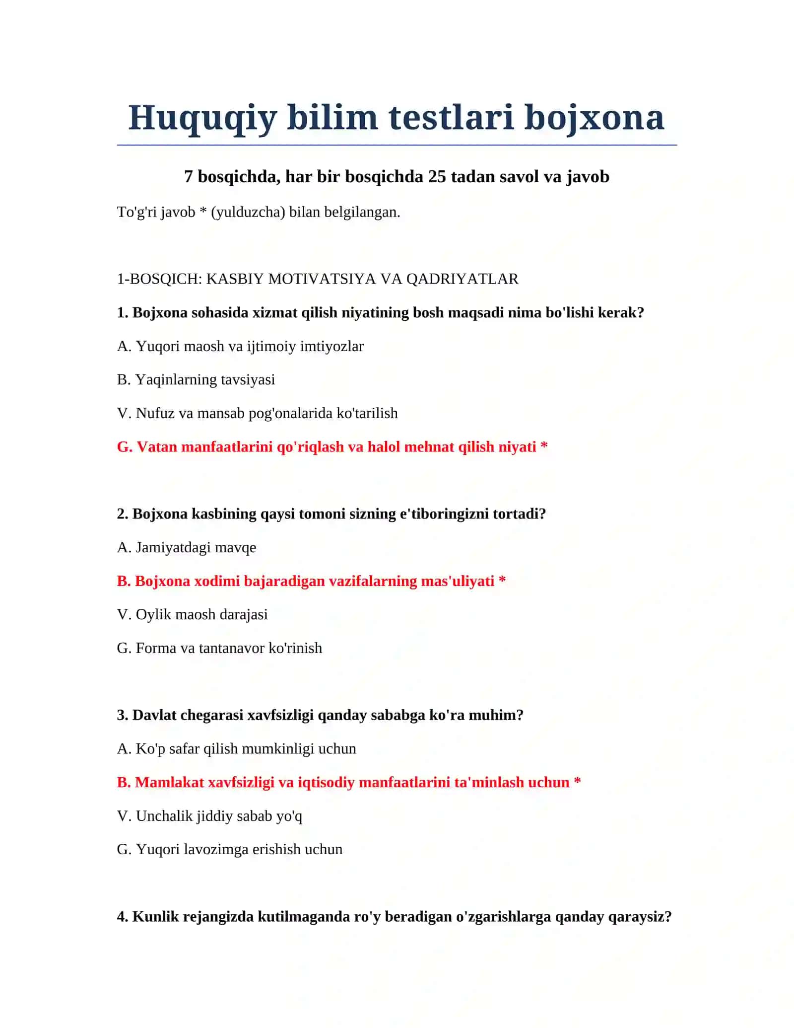 Huquqiy bilim testlari bojxona 2
