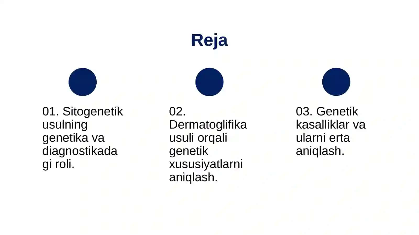 Odam genetikasini oʻrganish usullari: sitogenetik,dermatoglifika,biokimyoviy. 2