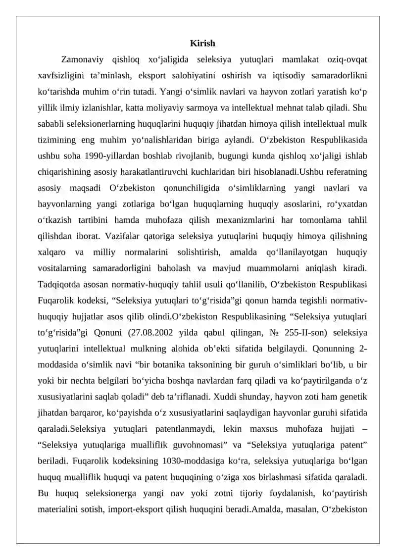 O‘simliklarning yangi navlari va hayvonlarning yangi zotlariga bo‘lgan huquq 2