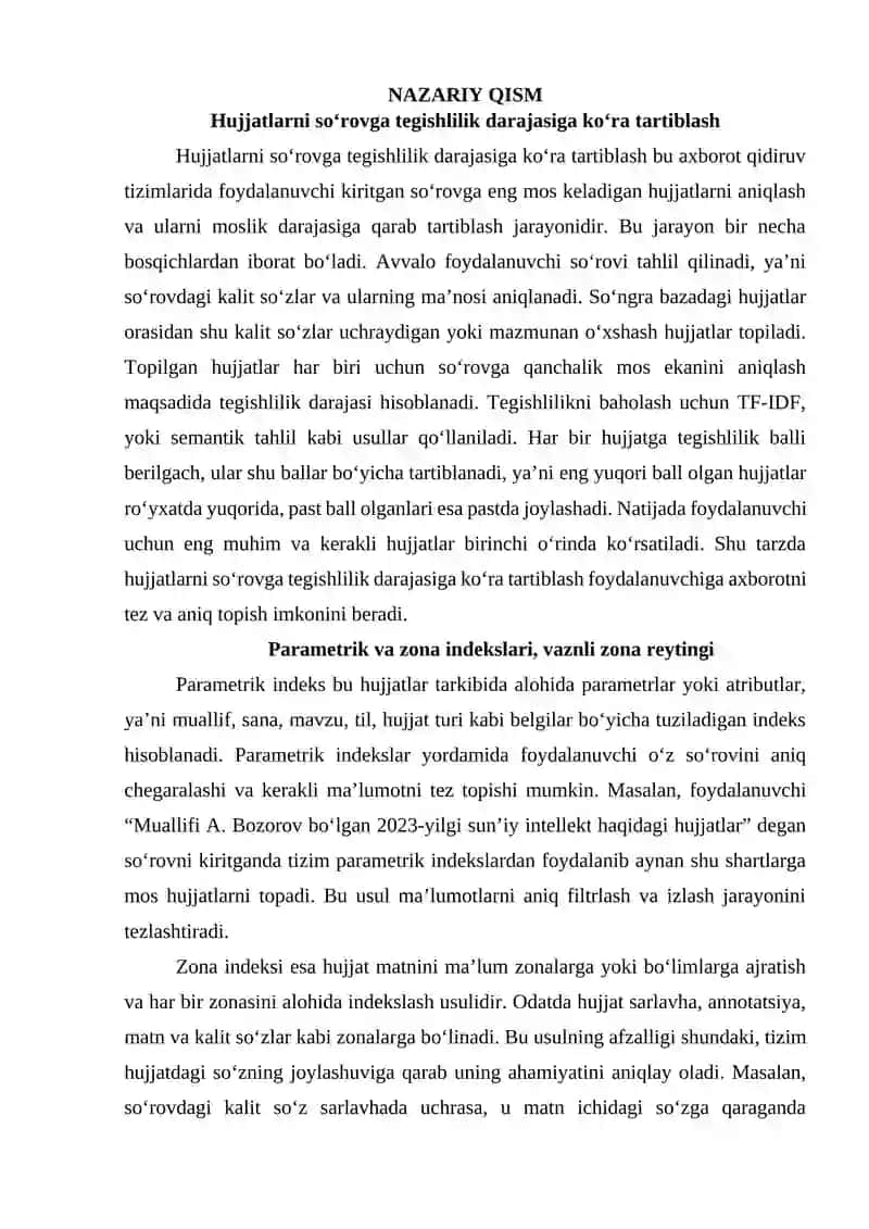 AMALIY TOPSHIRIQ Axborot qidiruv tizimlarida hujjatlarni tartiblash, Parametrik va zona indekslari, vaznli zona reytingi 2