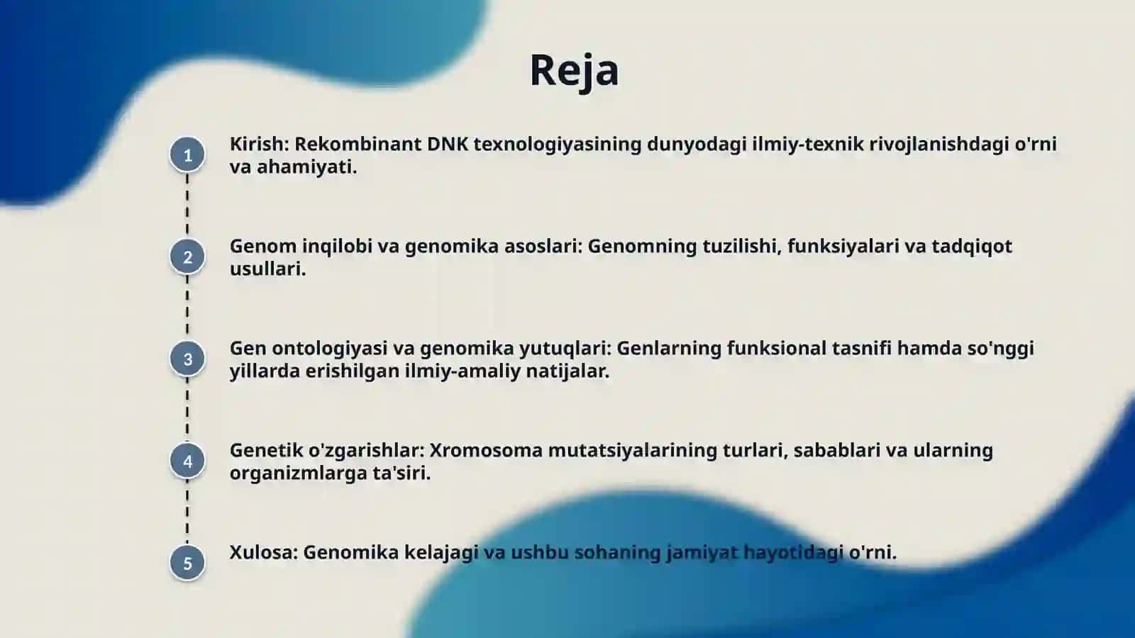 Rekombinant DNK texnologiyasi,genom revolutsiyasi, genomika asoslari.Gen ontologiyasi predmeti, maqsadi vazifalari.Genomika fanidagi yutuqlar.Gen xromosoma mutatsiyalari. 2