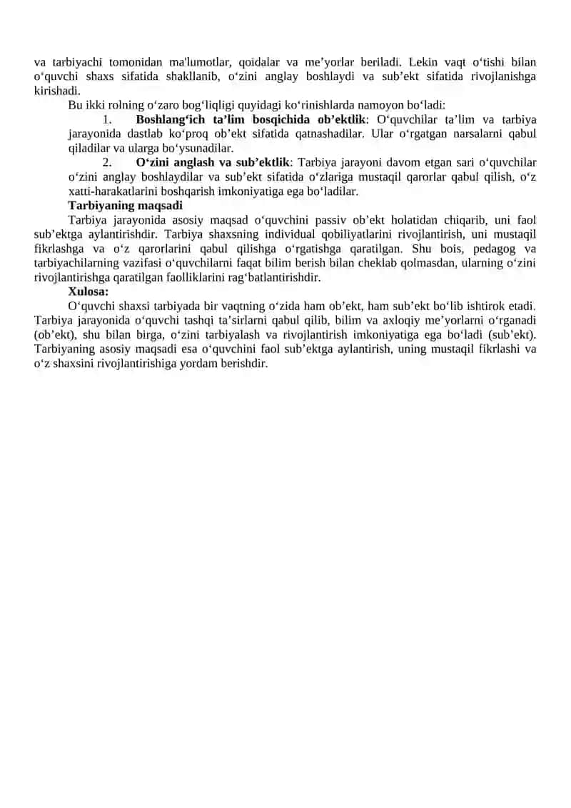 O‘quvchi shaxsi tarbiyanıng ob’ekti va sub’ekti seminar 2
