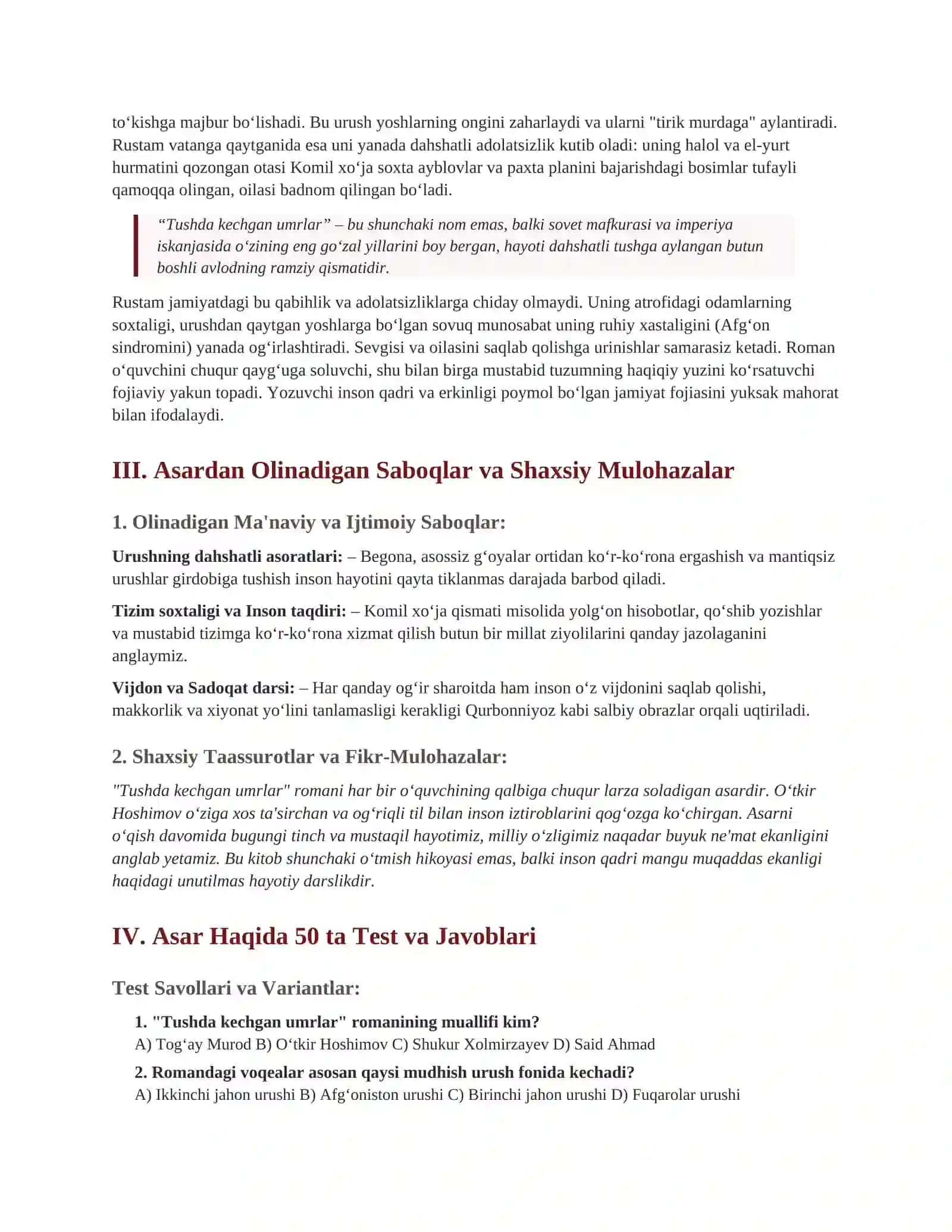 "TUSHDA KECHGAN UMRLAR" ROMANI TAHLILI 2