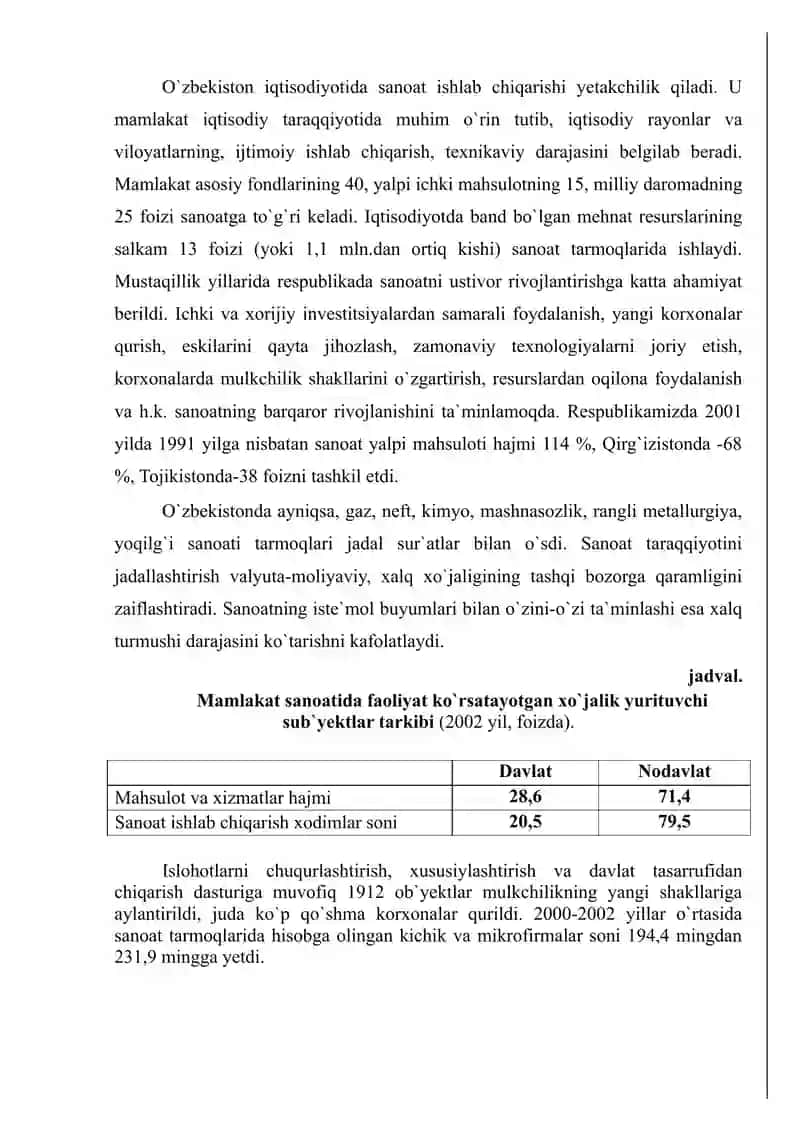 O`zbekiston respublikasi sanoati va uning tarmoqlari. yoqilg`i-energetika sanoati. 2
