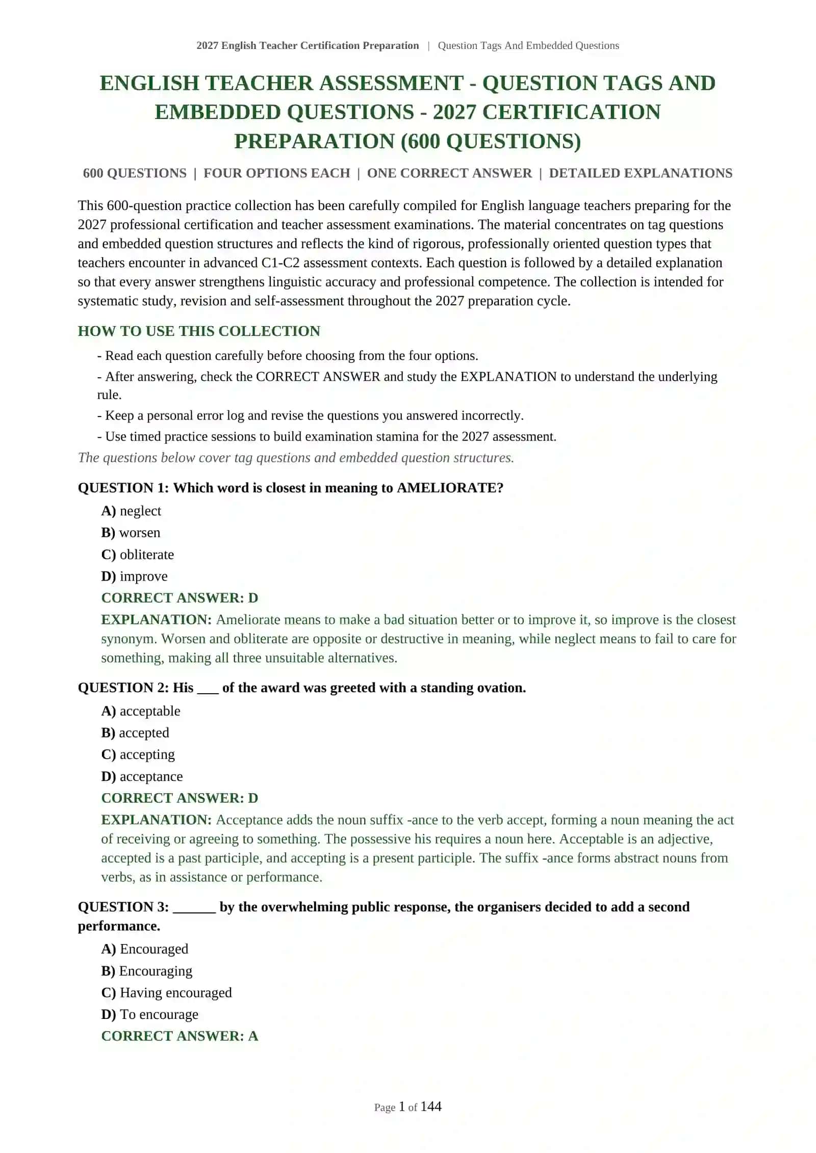 2027 English Teacher Certification Preparation | Question Tags And Embedded Questions 2