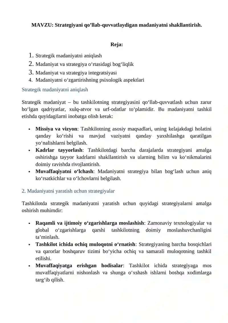 Strategiyani qo’llab-quvvatlaydigan madaniyatni shakllantirish 2