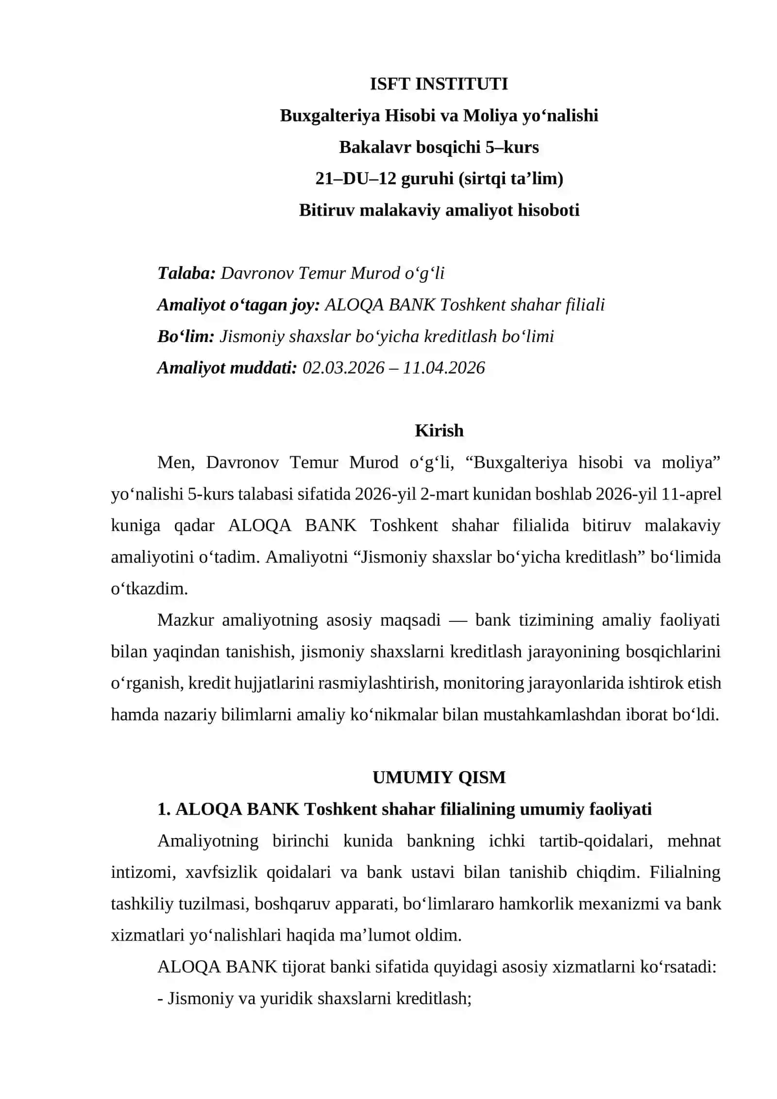 Bitiruv Malakaviy Amaliyot Hisoboti. ALOQA BANK 2