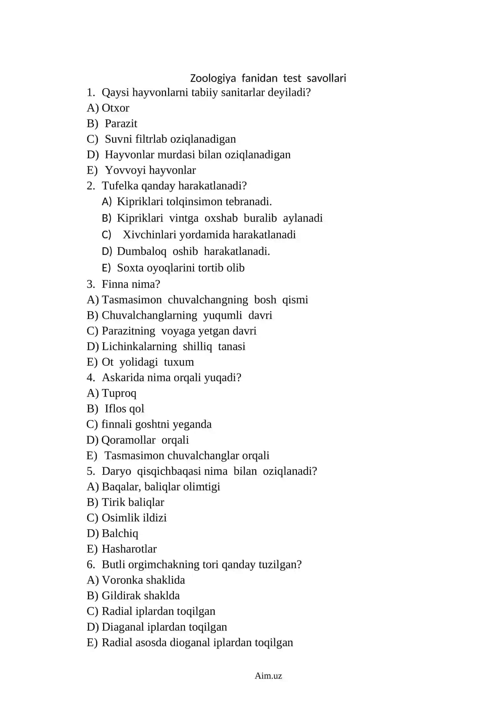 Zoologiya fanidan TEST SAVOLLARI 2