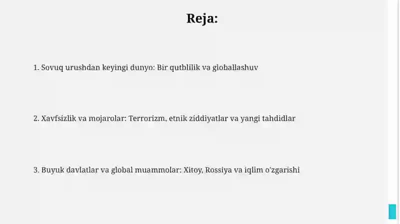 Sovuq urushdan keyingi dunyo: AQSh ustunligi va globallashuv 2