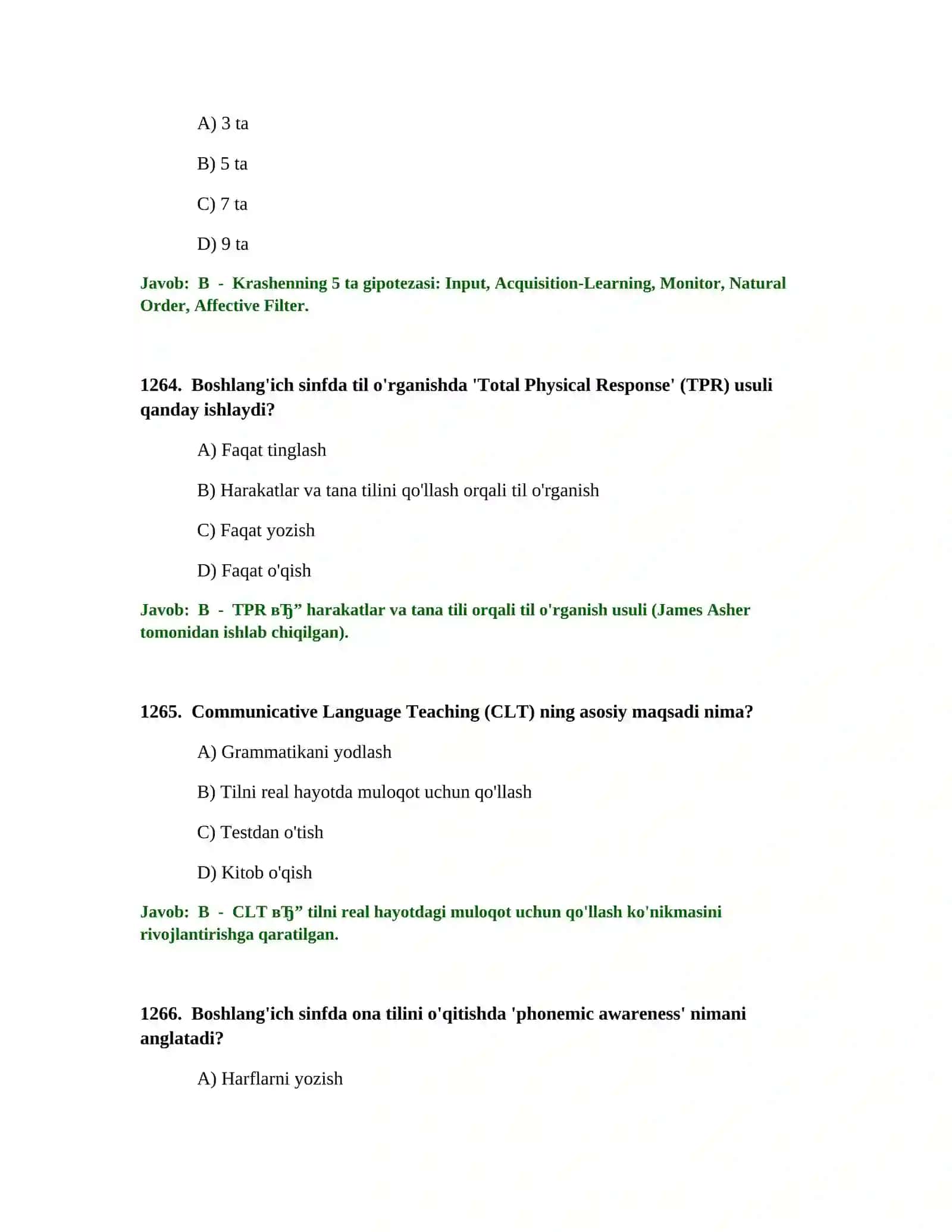 BOSHLANG'ICH TA'LIM O'QITUVCHISI TEST SINOVLARI 2