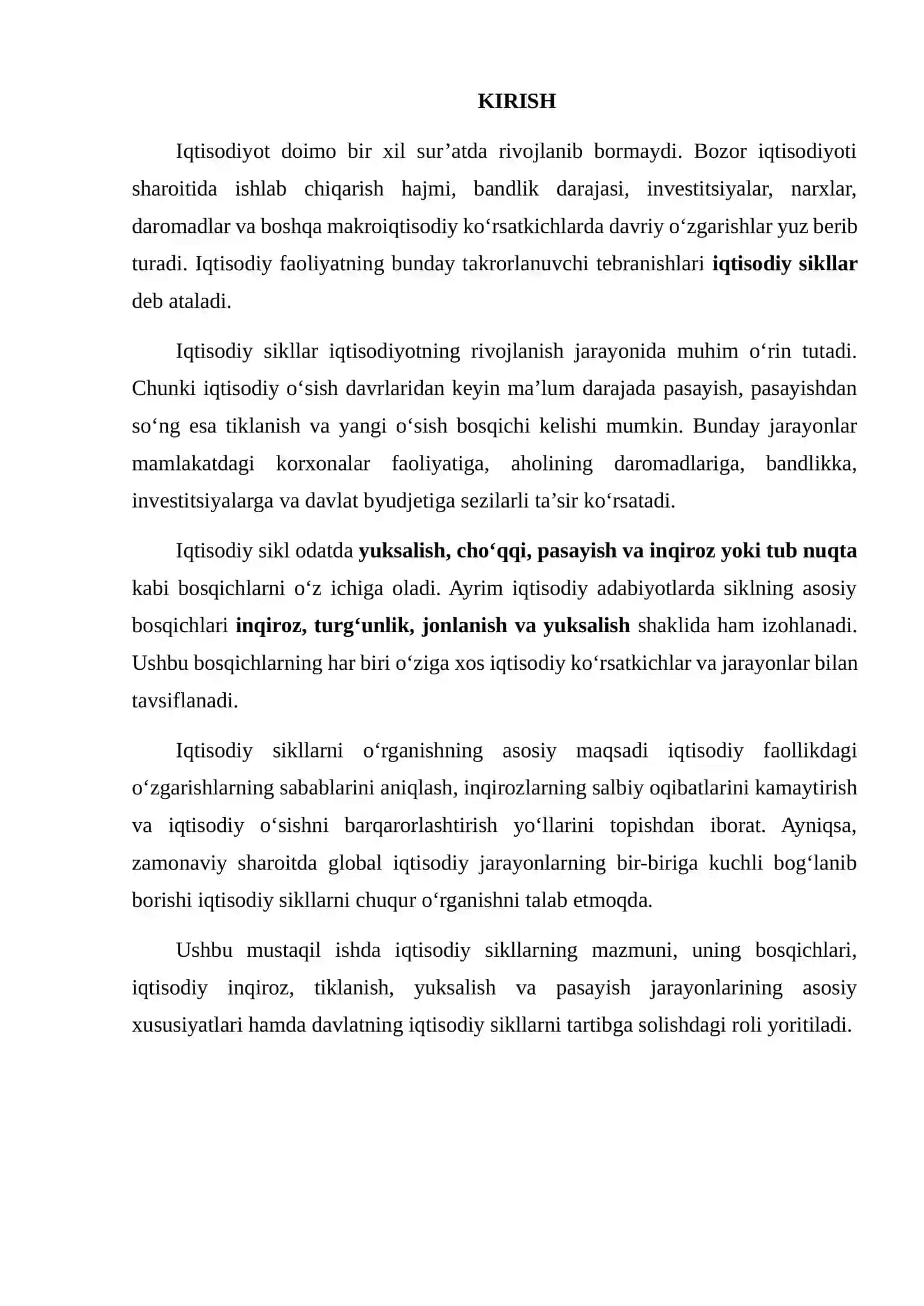 IQTISODIY SIKLLAR, INQIROZ, TIKLANISH, YUKSALISH VA PASAYISHNING ASOSIY XUSUSIYATLARI 2