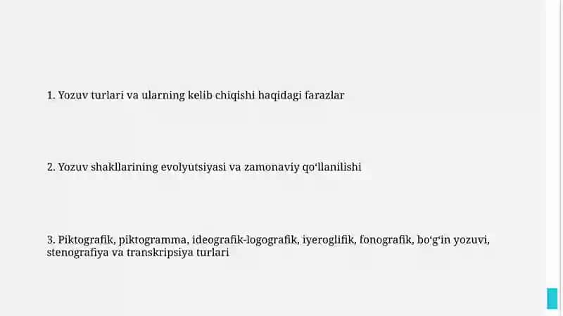 Til va yozuv, ularning paydo bo‘lishi haqidagi farazlar va ularning (piktografik, piktogramma, ideografik-logografik, ieroglifik, fonografik, sillabik yozuv, stenografiya, transkripsiya) shakllari 2