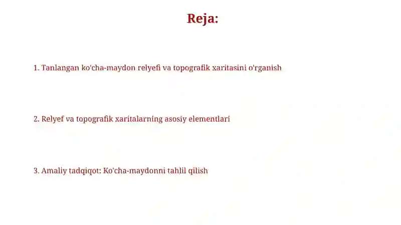 Tanlangan kôcha -maydonni relyefi vatopoxaritasiniôrganish 2
