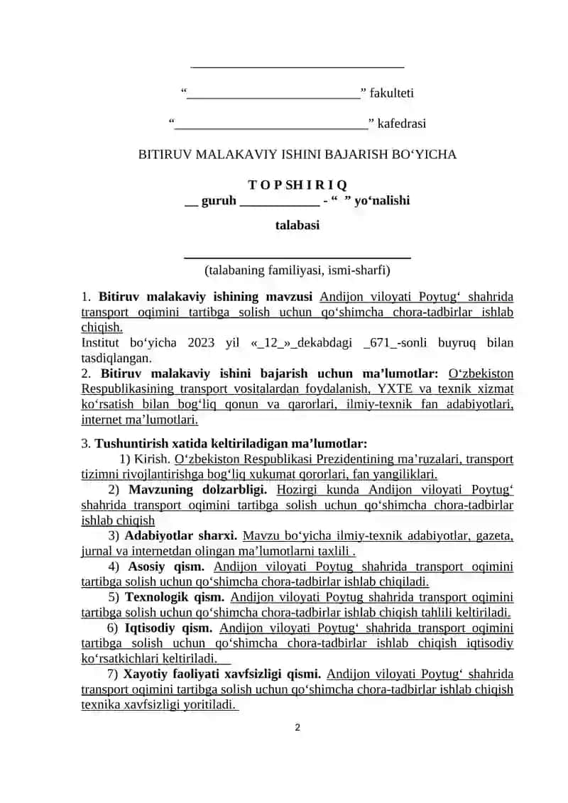 Andijon viloyati Poytug‘ shahrida transport oqimini tartibga solish uchun qo‘shimcha chora-tadbirlar ishlab chiqish 2
