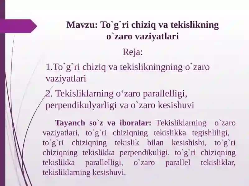To`g`ri chiziqli va tekinlikning o`zaro vaziyatlari 2