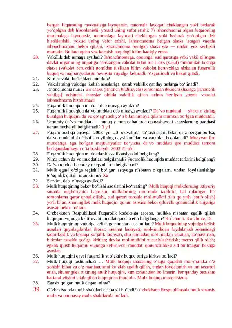TIU KUNDUZGI TA’LIM TALABALARI UCHUN DAVLAT TILIDA «FUQAROLIK HUQUQI» FANIDAN TEST SAVOLLARI 2
